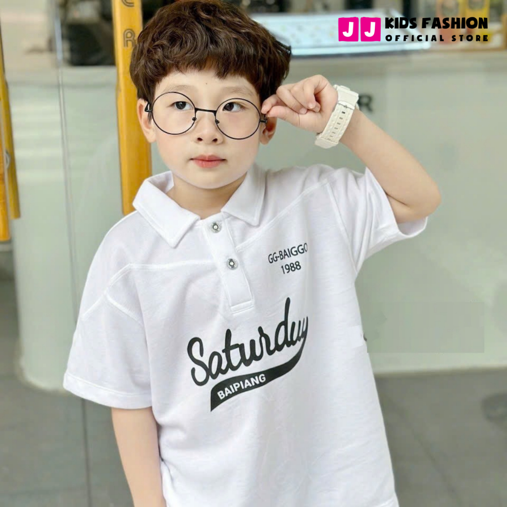 Áo thun Polo bé trai thun Cotton cá sấu, in chữ sang trọng full size BST Xuân Thu 2023 | JJ Kids Fashion