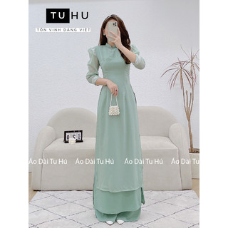 Áo dài 4 tà cúc ngọc viền ren tay lỡ trẻ trung 2 màu xanh