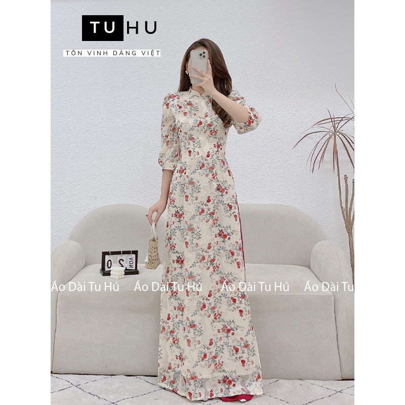 Áo dài hoa nhí đỏ 4 tà tay lỡ