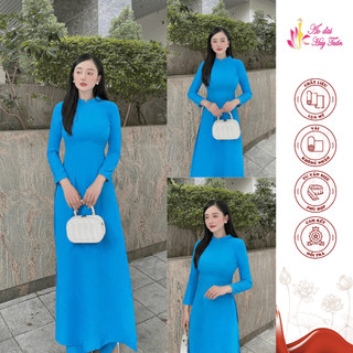 Áo dài truyền thống lụa Mỹ màu xanh đức mẹ, cổ 2 phân , trơn ,