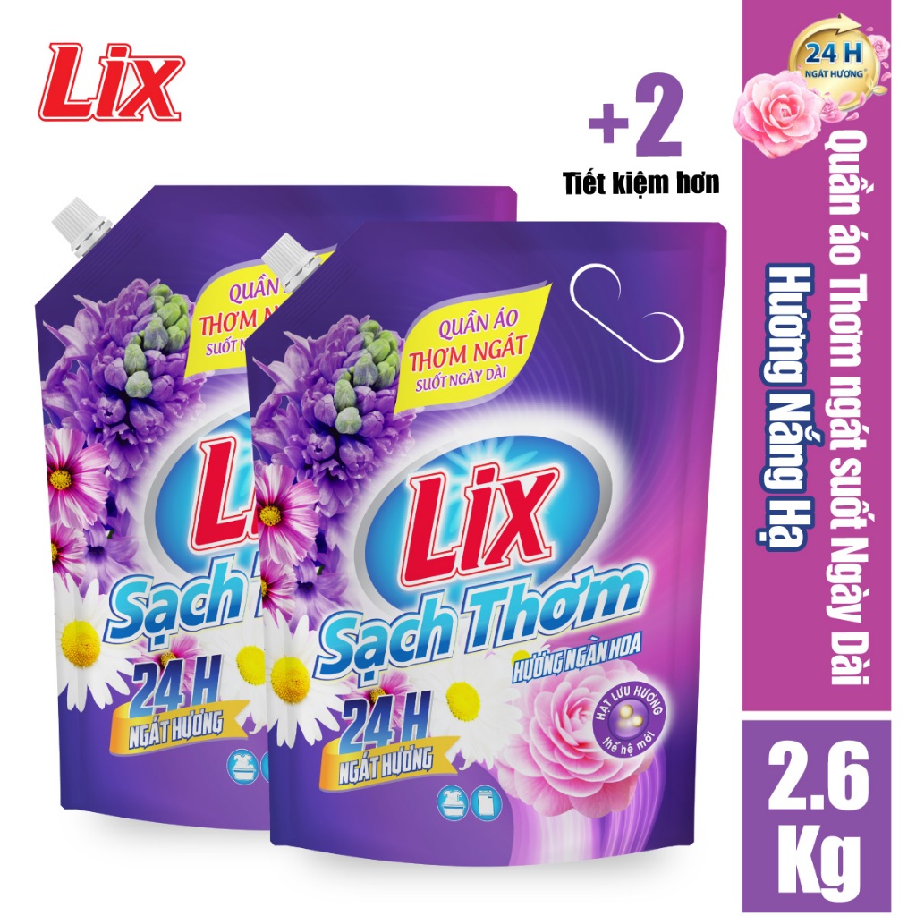 COMBO 2 túi nước giặt LIX Sạch Thơm hương ngàn hoa (2 túi x 2.6kg) N7402