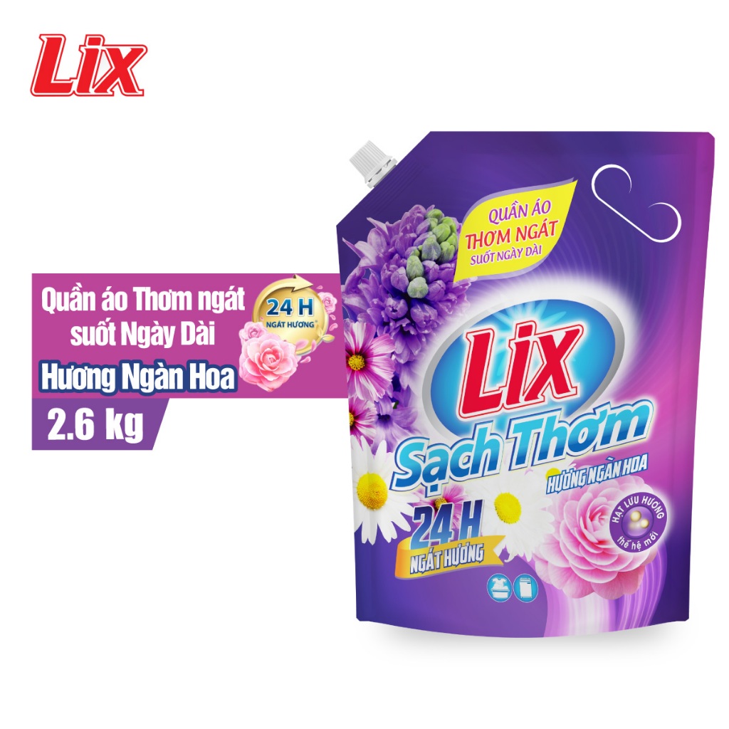 COMBO 2 túi nước giặt LIX Sạch Thơm hương ngàn hoa (2 túi x 2.6kg) N7402