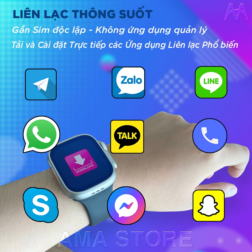 Đồng hồ Thông minh Lắp sim Tải được Zalo Facebook Messenger Youtube TikTok Kết nối Wifi 4G Bluetooth AMA TK Watch #46