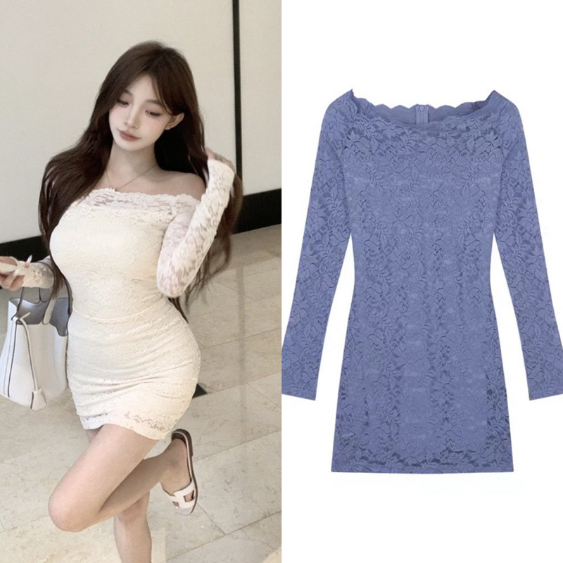 Đầm Ngắn Ren Tay Dài Trễ Vai Dành Cho Nữ Đi Tiệc