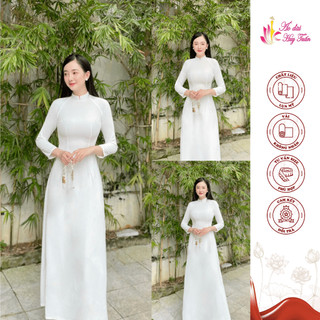 Áo dài truyền thống lụa mỹ màu trắng,cổ 2 phân , trơn ,