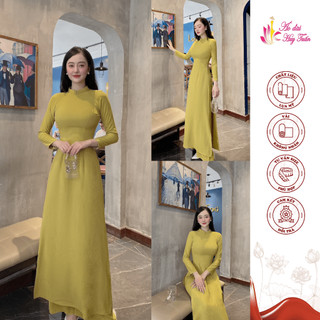 Áo dài truyền thống lụa Mỹ màu cốm,cổ 2 phân , trơn ,