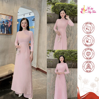 áo dài truyền thống lụa Mỹ màu hồng phấn, cổ 2 phân , trơn ,