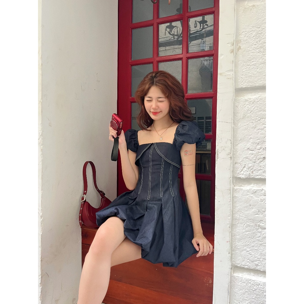 Váy jean cúp ngực tay bồng , Đầm thiết kế dáng bí denim kiểu hàn quốc tôn dáng | ZAMY DRESS | Secodee