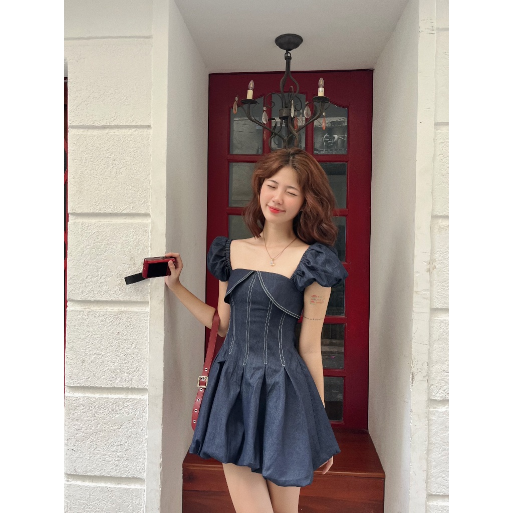 Váy jean cúp ngực tay bồng , Đầm thiết kế dáng bí denim kiểu hàn quốc tôn dáng | ZAMY DRESS | Secodee