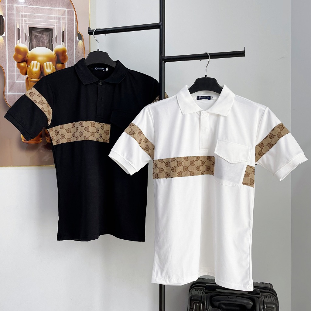 Áo thun polo nam, áo nam có cổ tay ngắn phối vai, thêu ngực họa tiết, chất vải cotton mềm mịn thoáng mát