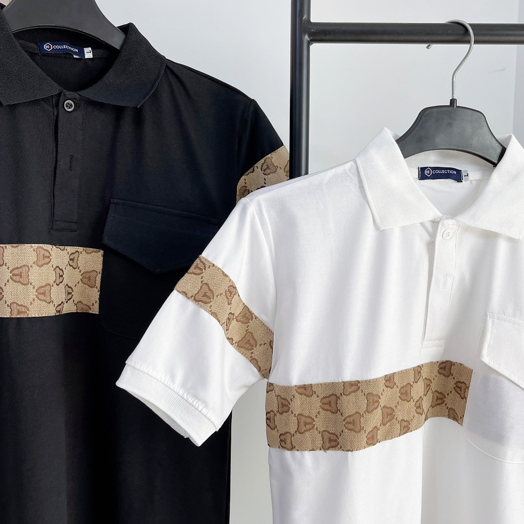 Áo thun polo nam, áo nam có cổ tay ngắn phối vai, thêu ngực họa tiết, chất vải cotton mềm mịn thoáng mát