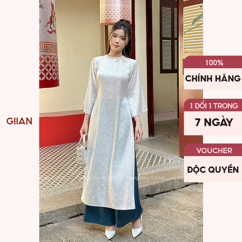 Áo dài cách tân trắng Giian vải lụa gấm in họa tiết thiết kế cổ tròn dây tết phối tay loe đi dạy, mặc tết - AD0541