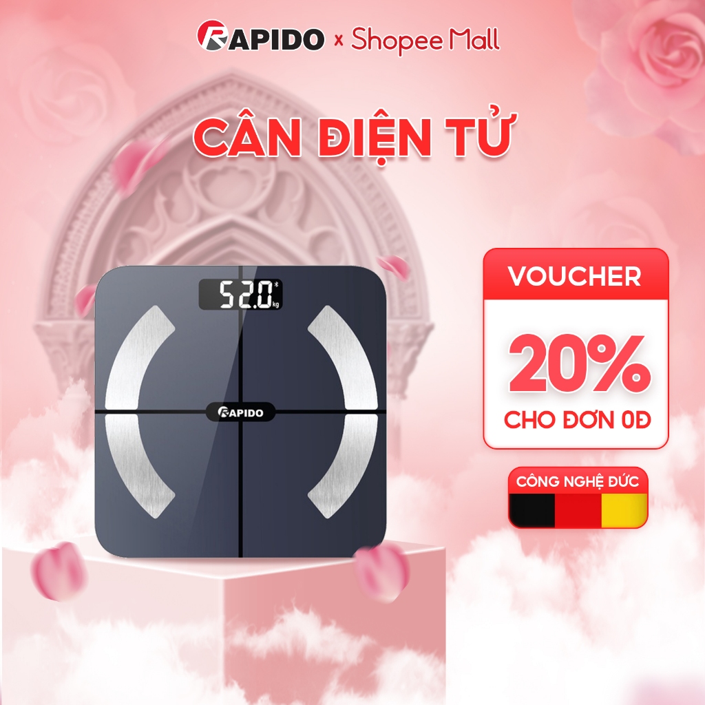 Cân điện tử sức khỏe thông minh Rapido RSB02-S kết nối Bluetooth đo được 10 chỉ số, Bảo hành 12 tháng