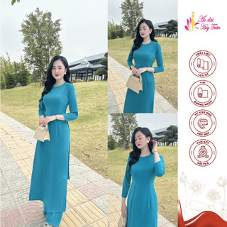 Áo dài truyền thống lụa Mỹ , màu xanh cổ vịt, cổ tròn , trơn ,