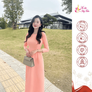 Áo dài truyền thống lụa Mỹ màu hồng cam, cổ tròn , trơn ,