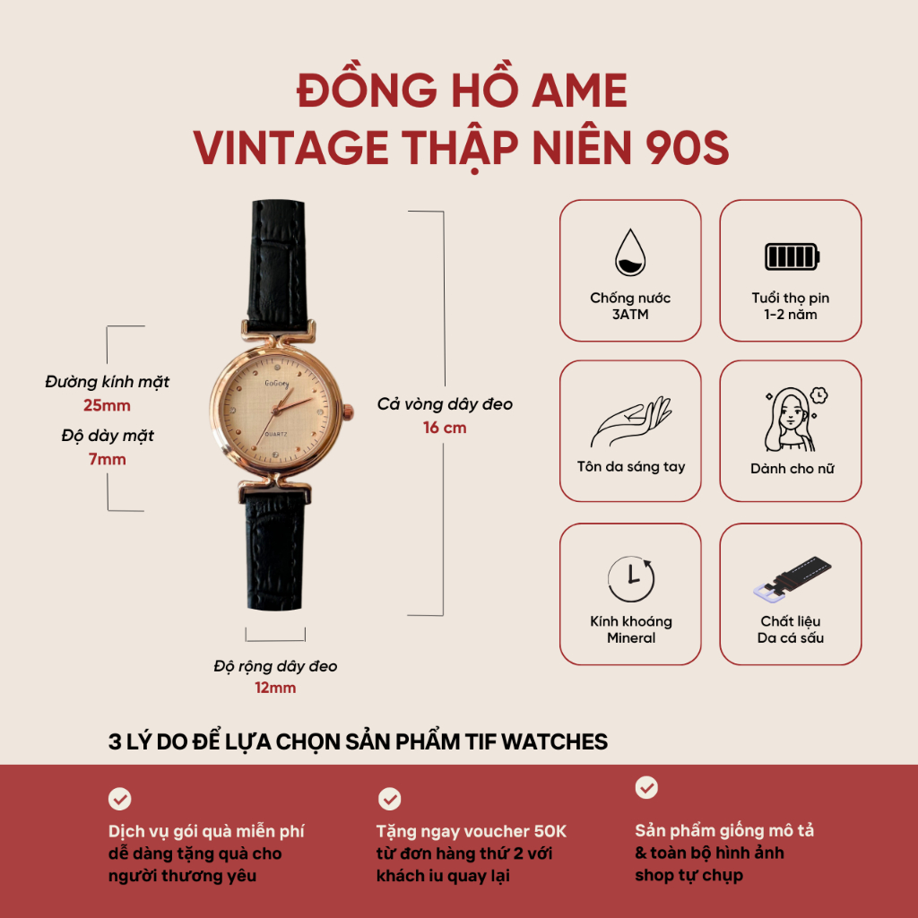 Đồng Hồ Nữ Mặt Nhỏ AME Tif Watches Dây Da Cá Sấu Vintage Nhã Nhặn Sang Trọng