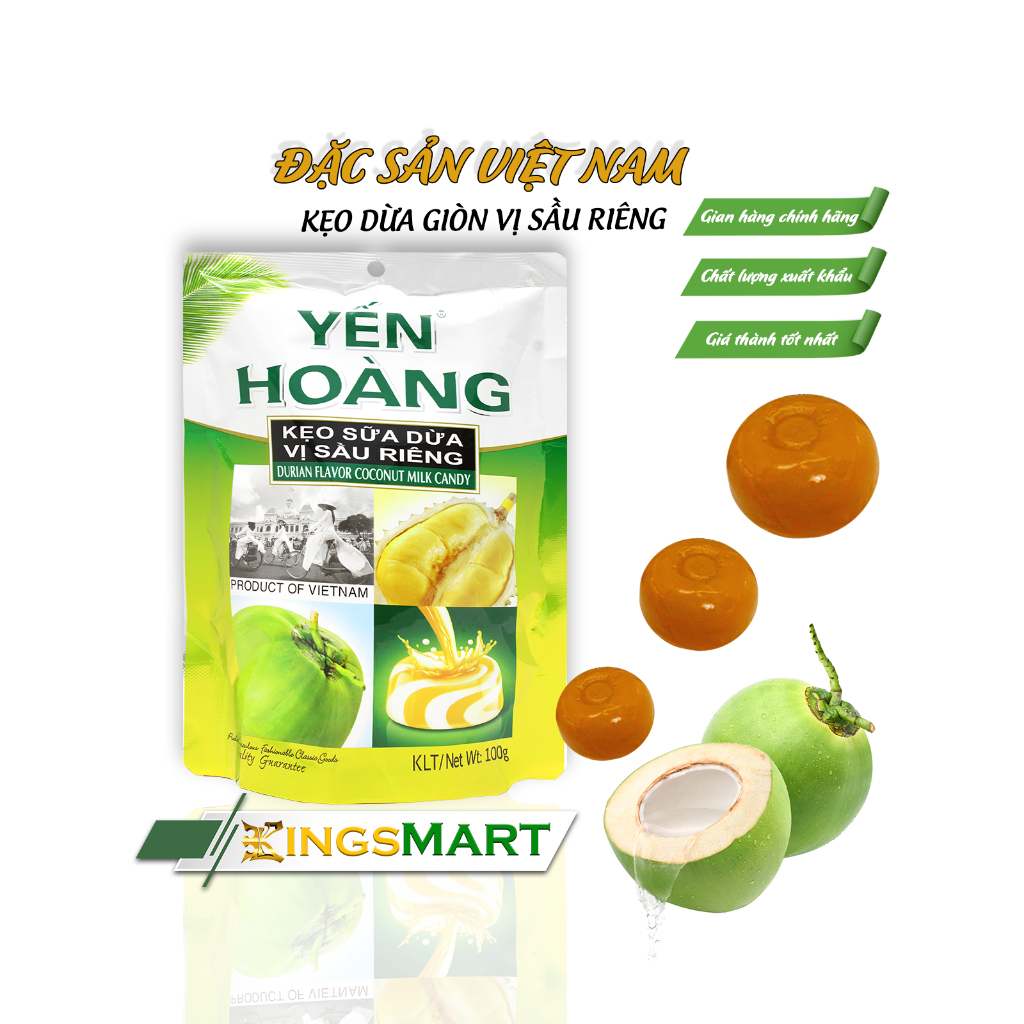 Kẹo dừa giòn vị sầu riêng - Thương hiệu Yến Hoàng - Đặc sản Bến Tre - Túi 100g - Kingsmart
