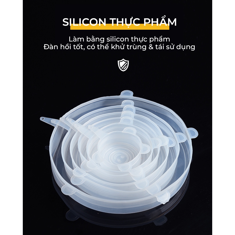 Set 6 nắp silicon đậy hộp bát đĩa, bảo quản thực phẩm, chất liệu an toàn, dùng được lò vi sóng.