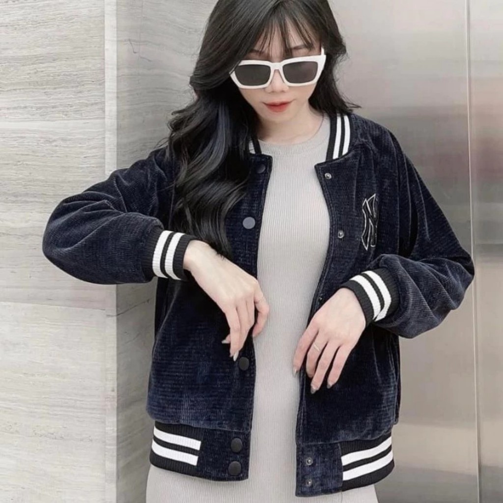 Áo Khoác Bomber Thêu Chữ NY Hàng Cao Cấp Vải Nhung Gân Dày Mịn