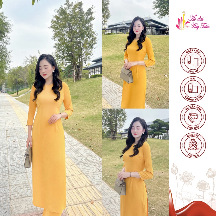 áo dài truyền thống lụa Mỹ cổ tròn màu vàng nghệ,trơn
