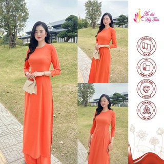 Áo dài truyền thống lụa Mỹ màu cam tươi, cổ tròn, trơn ,