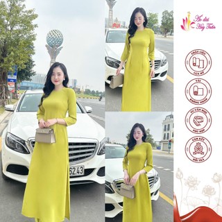 Áo dài truyền thống lụa Mỹ cổ tròn màu cốm,trơn
