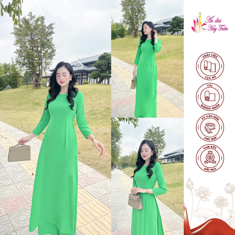 áo dài truyền thống lụa Mỹ màu xanh lá, cổ tròn, trơn ,tay dài