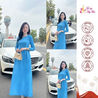 Áo dài truyền thống lụa Mỹ màu xanh đức mẹ,cổ tròn, trơn ,