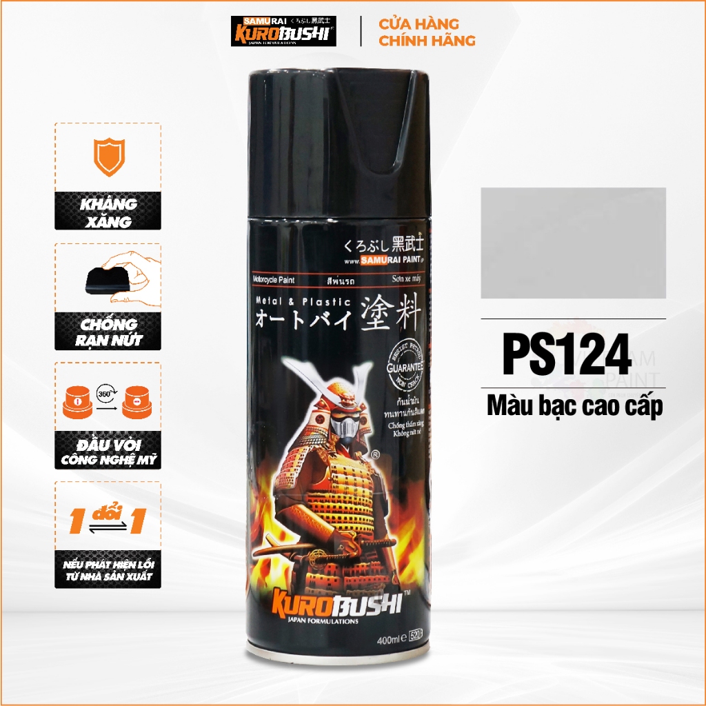 Sơn xịt Samurai Kurobushi - màu bạc cao cấp PS124 (400 ml) chuyên dùng cho xe máy