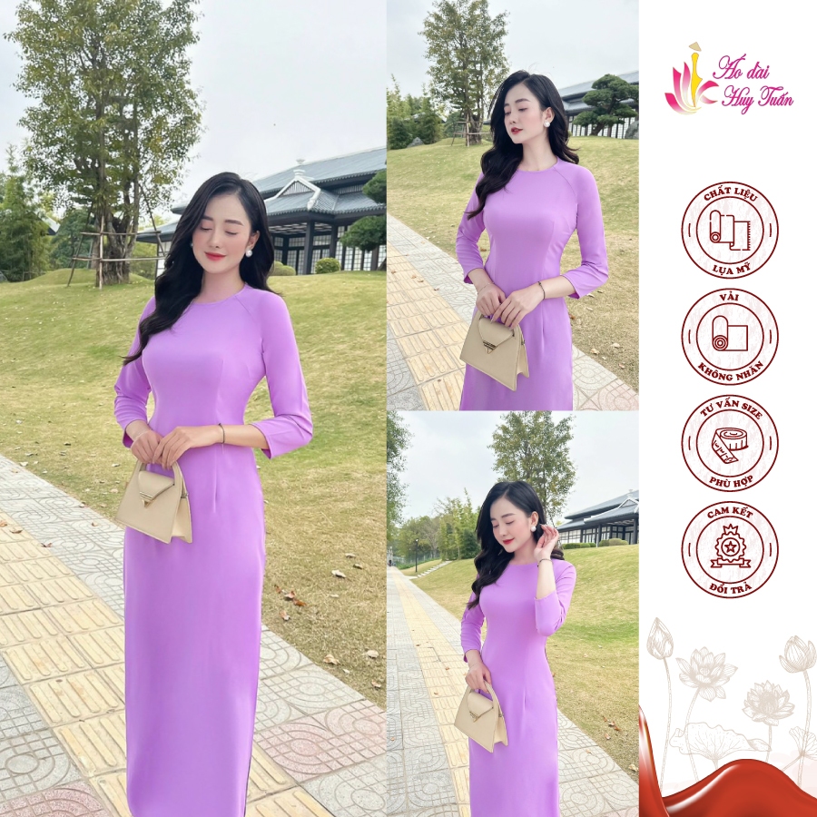 áo dài truyền thống lụa Mỹ màu tím cà,cổ tròn. trơn, tay dài