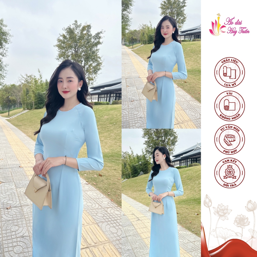 áo dài truyền thống lụa Mỹ màu xanh ngọc, cổ tròn. trơn , tay dài