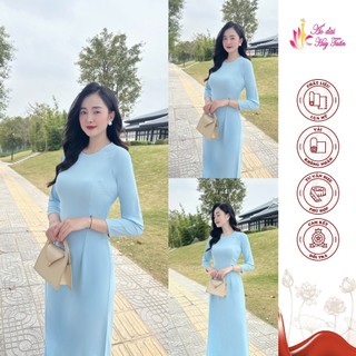 Áo dài truyền thống lụa Mỹ màu xanh ngọc, cổ tròn. trơn ,