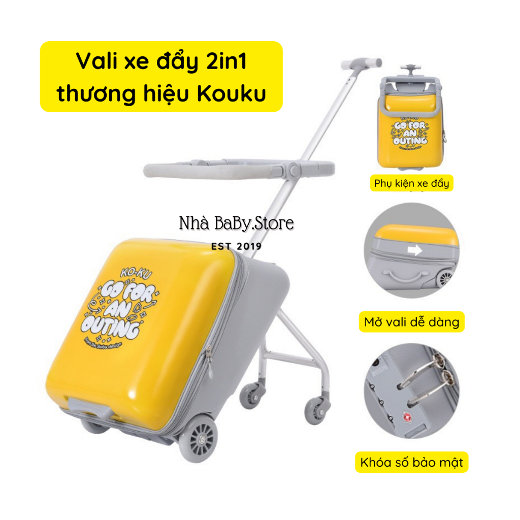 Vali kiêm Xe Đẩy Koku Cho Bé xách tay 2in1 tặng kèm sticker nệm lót túi đựng giày