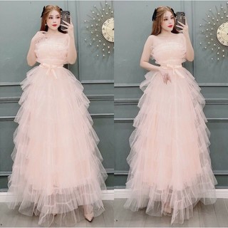 Đầm maxi đi biển dự tiệc lưới tầng cánh tiên