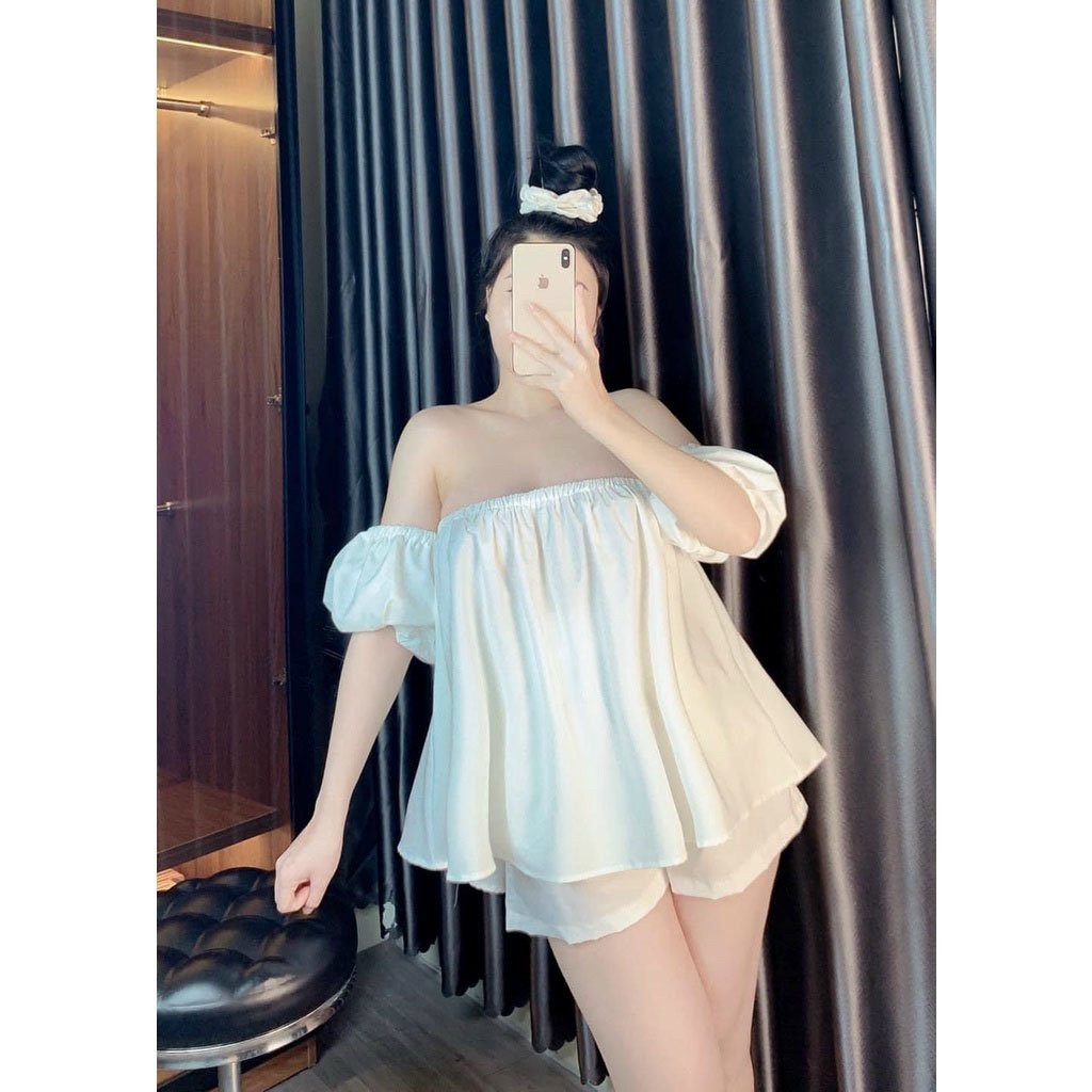 Set Babydoll Tiểu Thư TRỄ VAI Kèm Quần Short Siêu Dễ Thương - Đồ Bộ Nữ , Vải Cao Cấp Không Nhăn, Quần Lưng Thun SL