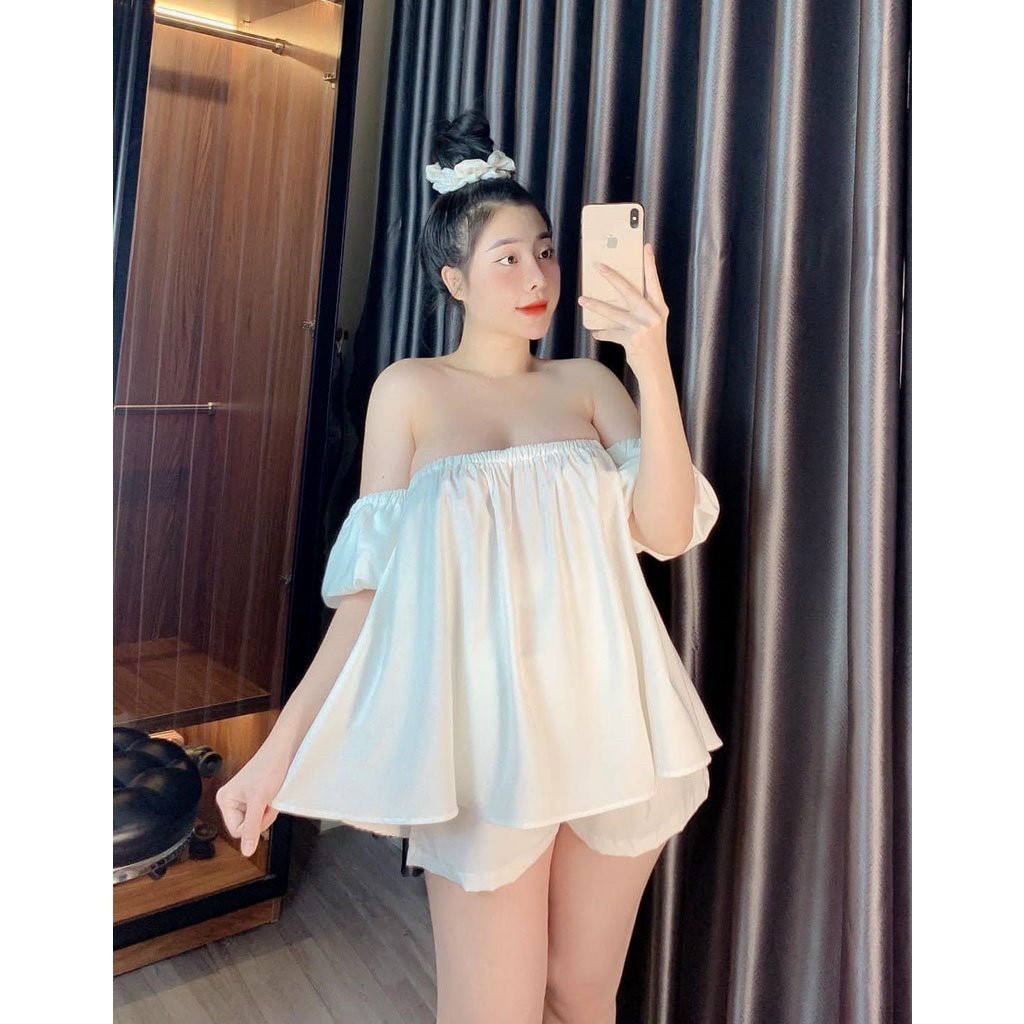 Set Babydoll Tiểu Thư TRỄ VAI Kèm Quần Short Siêu Dễ Thương - Đồ Bộ Nữ , Vải Cao Cấp Không Nhăn, Quần Lưng Thun SL