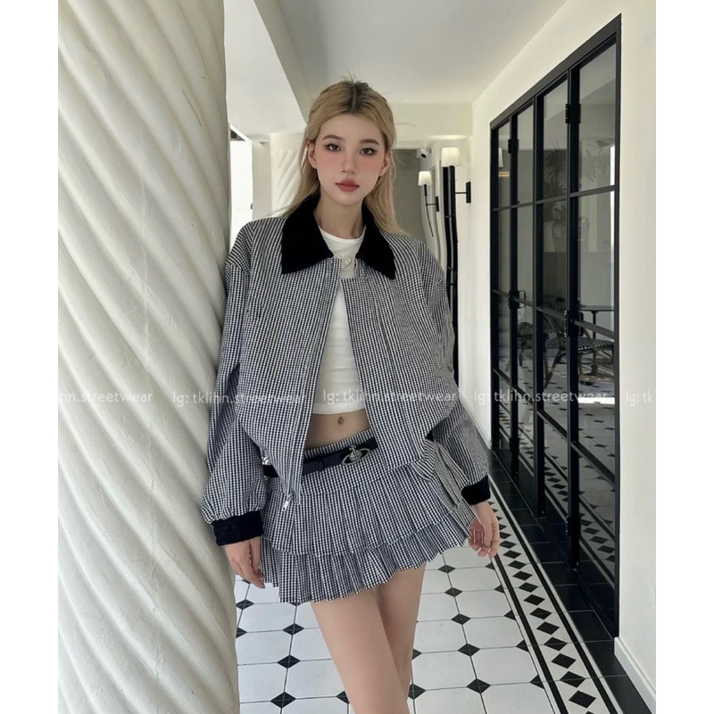 TKLIHN SET áo khoác BOMBER ulzzang phong cách JENNIE BLACKPINK hot TREND 2023 Chân váy xoè kẻ caro HOT FASHIONITA
