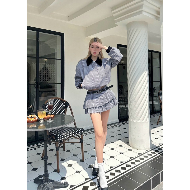 TKLIHN SET áo khoác BOMBER ulzzang phong cách JENNIE BLACKPINK hot TREND 2023 Chân váy xoè kẻ caro HOT FASHIONITA