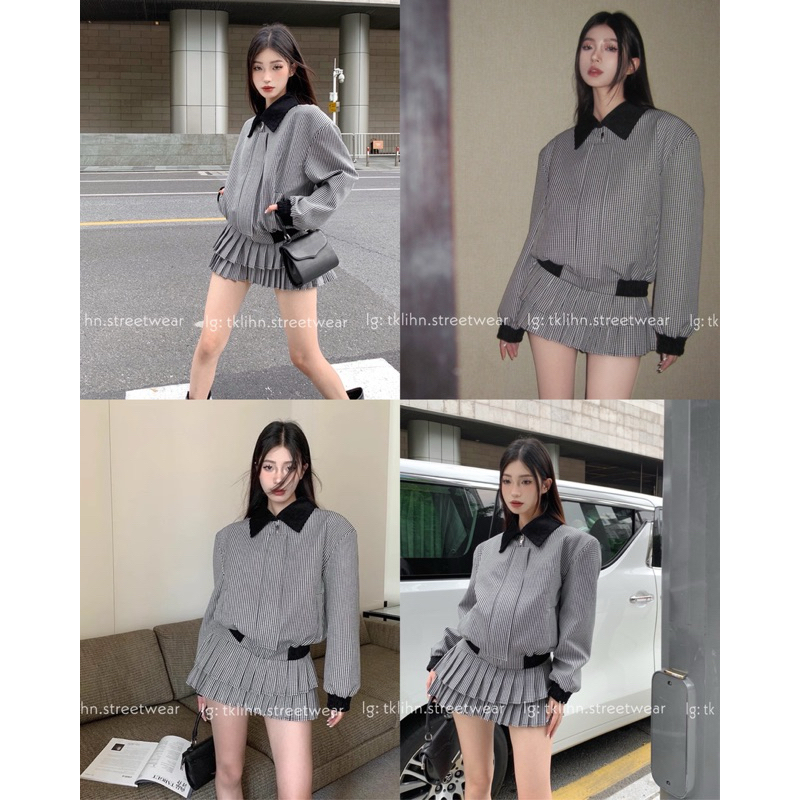 TKLIHN SET áo khoác BOMBER ulzzang phong cách JENNIE BLACKPINK hot TREND 2023 Chân váy xoè kẻ caro HOT FASHIONITA