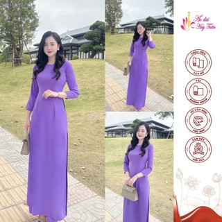Áo dài truyền thống lụa Mỹ cổ tròn màu tím cà đậm,trơn,