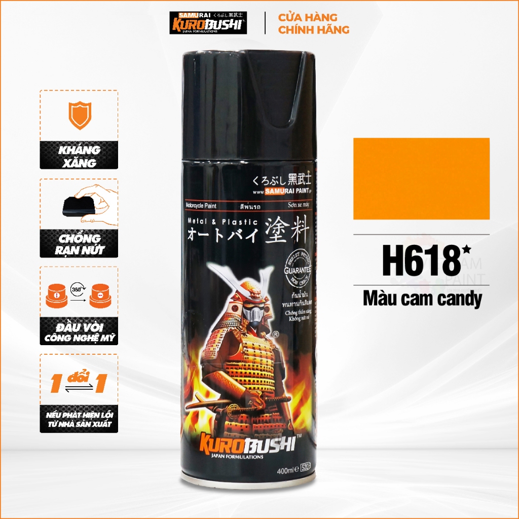 Sơn xịt Samurai Kurobushi - MÀU CAM CANDY HONDA H618 (400ml) chuyên dùng cho xe máy