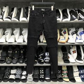 Quần jean bò nam slimfit Amiri đen gối rách xước vá vải nhăn phối khoá zip ống chân phong cách streetwear hot trend 2023