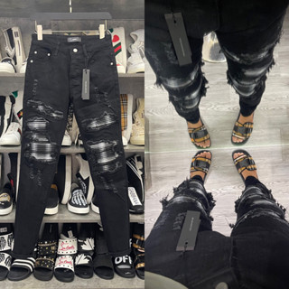 Quần jean bò nam Amiri slimfit đen rách tua dọc đùi vá vải nhăn sọc đen trắng 4 cúc chữ cao cấp, quần bò nam đen cực đẹp