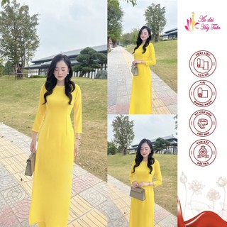Áo dài truyền thống lụa Mỹ cổ tròn màu vàng tươi, trơn
