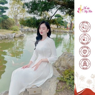 Áo dài truyền thống lụa Mỹ cổ tròn màu trắng trơn