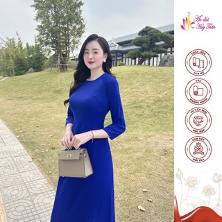 Áo dài truyền thống lụa Mỹ cổ tròn màu xanh coban