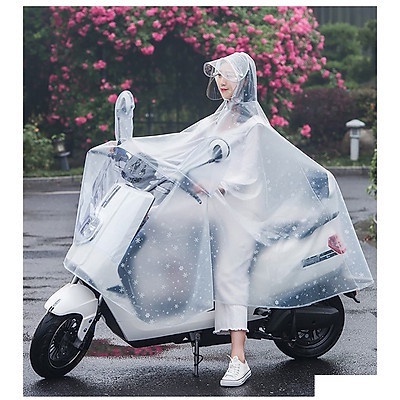 Áo mưa trong suốt có kính che mặt tiện lợi cho mẹ và bé - Áo mưa 2 đầu họa tiết bông tuyết siêu đẹp