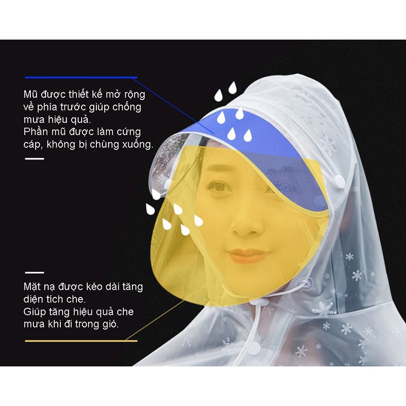 Áo mưa trong suốt có kính che mặt tiện lợi cho mẹ và bé - Áo mưa 2 đầu họa tiết bông tuyết siêu đẹp