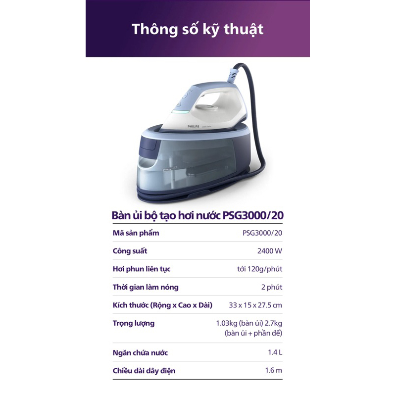 Bàn ủi hơi nước hệ thống Philips PSG3000 /20 |2400W| mặt đế Ceramic - Hàng Chính Hãng