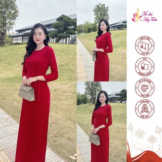 Áo dài truyền thống lụa Mỹ cổ tròn màu đỏ đô